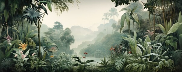 Panoramic Tropical Jungle Landscape at Twilight - obrazy, fototapety, plakaty
