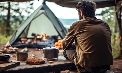 Man Relaxing by Campfire Outside Camping Tent - obrazy, fototapety, plakaty