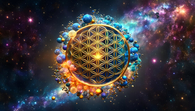 Blume des Lebens Gold glänzend Symbol Kraft Energie Harmonie spirituelles Erwachen vor Hintergrund aus bunten leuchtenden Sternen Galaxien Planeten im All Universum Astronomie heilige Geometrie 