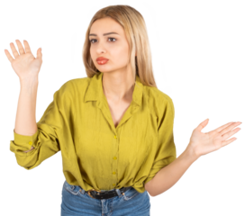 Confused young woman, portrait of caucasian blonde confused young woman. Spreading arms with facial expression of doubt. Don't understand concept image. Isolated transparent png background image.