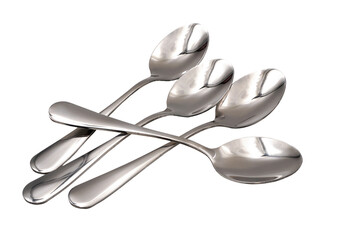 group of shiny stainless steel dessert spoons or teaspoon in png format