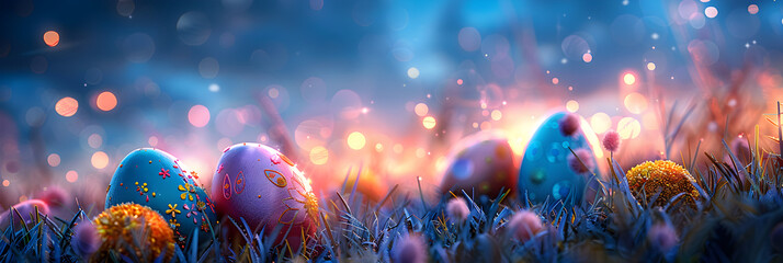  easter eggs on  Magical grass Background,  Several colorful easter eggs lie in the spring among the green grass and flowers
 - obrazy, fototapety, plakaty