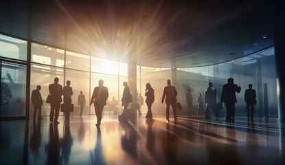 Business Professionals Walking in Sunlit Modern Lobby