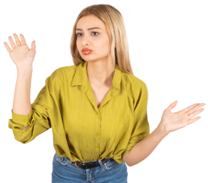 Confused young woman, portrait of caucasian blonde confused young woman. Spreading arms with facial expression of doubt. Don't understand concept image. Isolated transparent png background image. - Powered by Adobe