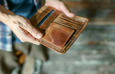 An intimate glimpse into the financial turmoil of an Asian man, as shown by his empty wallet, illustrating the profound problem of debt, inability to pay bills, and the specter of bankruptcy - obrazy, fototapety, plakaty