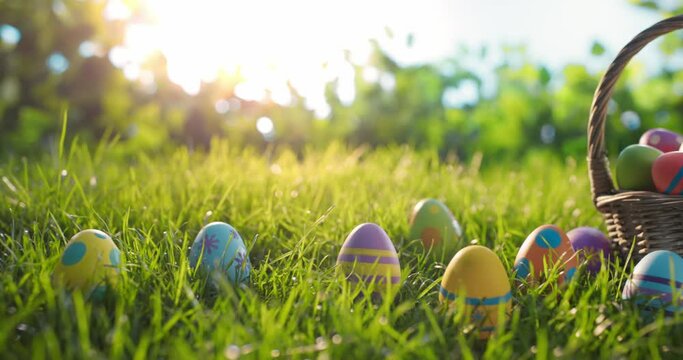 Colorful easter eggs in a basket on the meadow