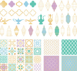 Moroccan Vector Elements. Arabian Ornament. Frame, Arabic lantern, lamp, tile. Arabic pattern