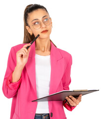 Thinking young businesswoman, Caucasian girl glasses hold pen and clipboard thinking young businesswoman.  Looking aside copy space. Business concept idea. Isolated transparent png background.