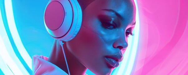 Contemplative female with closed eyes wearing headphones, vibrant dual-tone light effect, relaxation and music theme