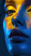 Intense blue and golden hues on a woman's portrait, dramatic lighting, creative makeup artistry.