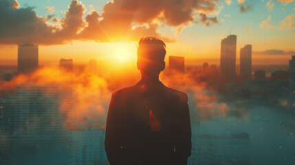 business man looking at the sun on city in the sky, immersive environments, light blue, blurred - obrazy, fototapety, plakaty
