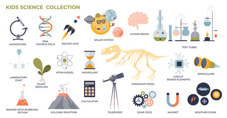 Kids science and fun experimental way to teach nature tiny collection set, transparent background. Labeled elements with physics, chemistry, biology and geography for children learning illustration.