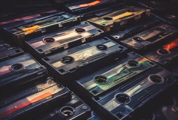 Vintage Audio Cassette Tapes Piled Background - obrazy, fototapety, plakaty