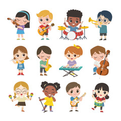 Set Illustration of Kids playing different musical instruments. Hobbies and interests.