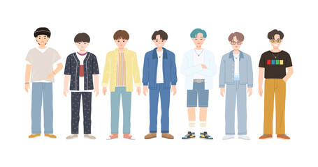 Group of young people flat cartoon characters isolated on white background. Happy teenager in casual clothes.