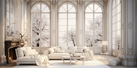 Elegant Classic Living Room With Winter Landscape - obrazy, fototapety, plakaty