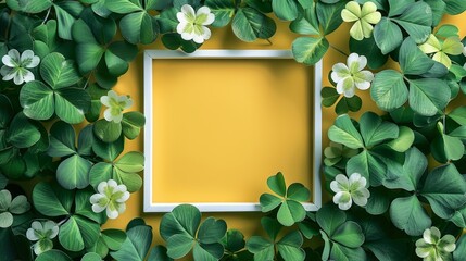 smooth yellow background With a white frame for inserting text, surrounded by clover leaves, the leaves of good luck. It is said that in 10,000 clover trees, you will find only one with 4 petals.