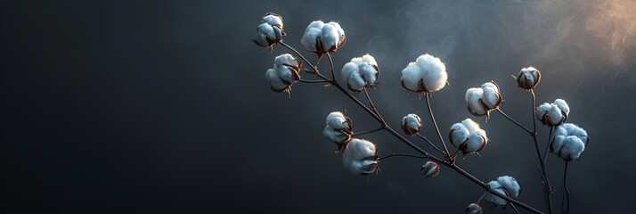 A beautiful field of cotton on dark gray and black background  An elegant and serene aesthetic background feature  