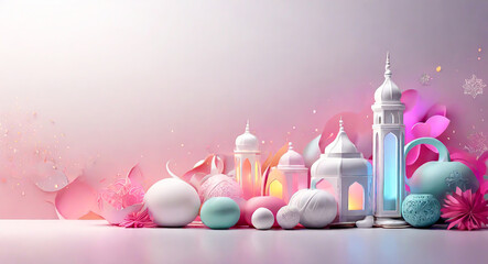 Islamic Ramadan and Eid Mubarak 3D renders soft light effects on an abstract HD aesthetic background