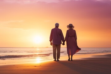beach, happy, lifestyle, love, together, couple, romantic, sea, sunset, ocean. A joyful elderly couple walking together hand in hand, on the beach enjoying a leisurely with sunset at sea horizon.