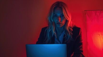 Professional woman is sitting with a laptop