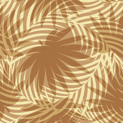 Seamless pattern with hand drawn tropical palm leaves on beige background.