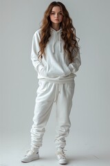 Model Poses in Oversized Sweatshirt Against White Background