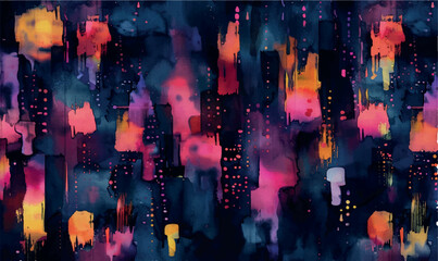 watercolor pattern Neon Night, Bold and electrifying neon colors pop against a dark background, reminiscent of vibrant city lights at night 