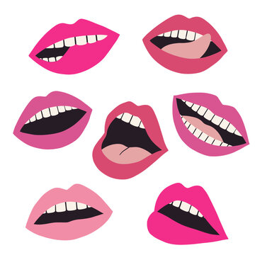Set of pink lips with different emotions. Mouth with a kiss, smile, tongue and teeth. Sexy lip makeup. Open mouth. Sweet kiss. Set of icons.