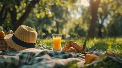 Picnic setup with a straw hat, a glass of orange juice, and fresh croissants on a blanket next to a wicker basket in a grassy park. - Powered by Adobe