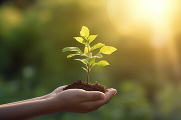 concepto del día ecológico de la tierra. mano que sostiene la planta joven bajo el sol y el fondo verde de la naturaleza. 