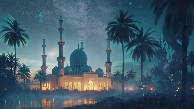 mosque with crescent moon and blinking stars animation ramadan greeting concept. eid mubarak