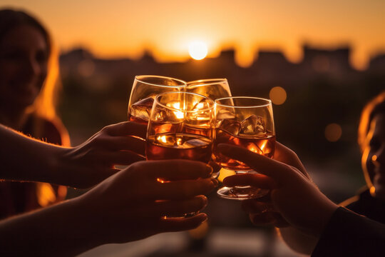 Silueta al atardecer de un grupo de amigos chocando sus copas de c&oacute;ctel juntos