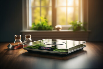Woman standing on scales at home, closeup. Weight loss concept