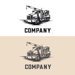 Construction heavy machine, truck mounted crane monochrome silhouette logo design template.