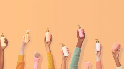 Variety of hands, each holding different styles and colors of soap and lotion dispensers against a solid peach-colored background.