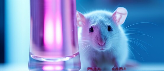A live white laboratory experimental mouse sits on pills. - obrazy, fototapety, plakaty