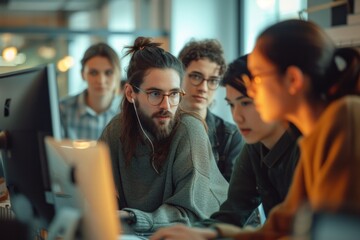 businessman, group, meeting, background, office, team, teamwork, work, communication, discussion. young and mature professionals, employees working together on a project in the office. generative ai.