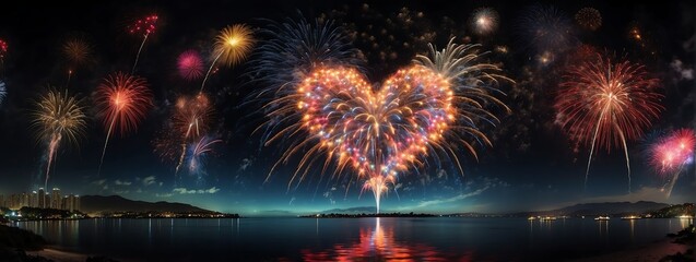 Wide angle panoramic view of colorful heart shaped fireworks display on a dark black night sky from Generative AI