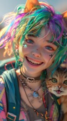 A woman with colorful hair holding a cat