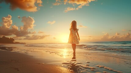 A woman walking on the beach at sunset