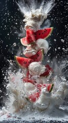 A pile of watermelon being dropped into the air