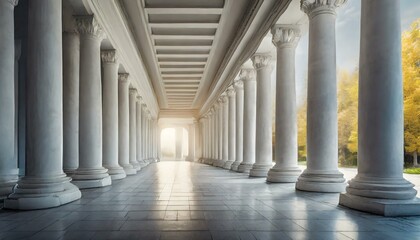 Abstract architecture empty corridor with white columns and sunlight