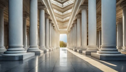 Obraz premium Abstract architecture empty corridor with white columns and sunlight