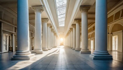 Fototapeta premium Abstract architecture empty corridor with white columns and sunlight
