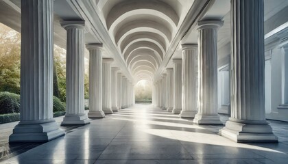 Abstract architecture empty corridor with white columns and sunlight