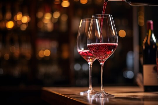 alcohol, bar, glasses, wine, drink, celebration, beverage, liquid, alcoholic, background. close up photo glass wine red. romantic luxury vibe with bokeh light night club background by AI generative.