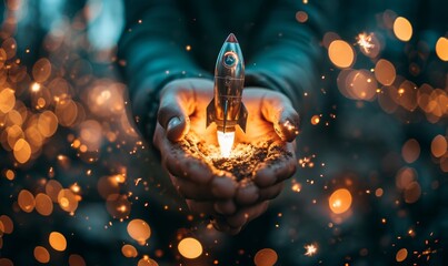 startup, business, idea, innovation, management, marketing, rocket, start, strategy, success. man holding launch ignites startup company path to innovation and achievement in the business world.