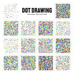Square shaped dotted objects, vintage stipple elements. Stippling, dotwork drawing, shading using dots. Halftone effect. Colored noise grainy texture, pattern. Vector illustration.