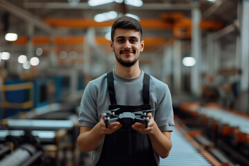 A smiling worker in a drone manufacturing plant holds a newly assembled UAV, a unit commonly utilized for strategic military reconnaissance, surveillance in combat zones, and as a tool in advanced - obrazy, fototapety, plakaty